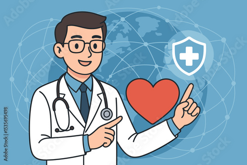 Doctor character pointing at heart and shield icon. Global healthcare and medical insurance concept. World health day illustration. Cardiology and protection symbol. Vector banner.