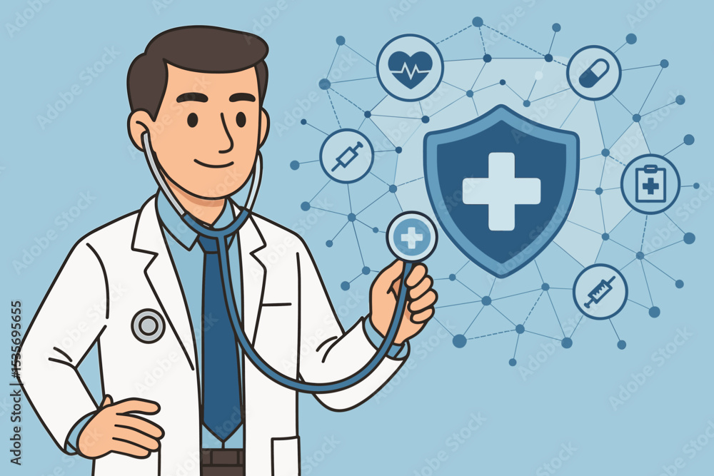 Medical insurance concept with friendly doctor holding stethoscope. Healthcare network with icons: protection shield, cardiogram, syringe, pill. Health care services vector. Medical insurance concept with friendly doctor holding stethoscope. Healthcare network with icons: protection shield, cardiogram, syringe, pill. Health care services vector.