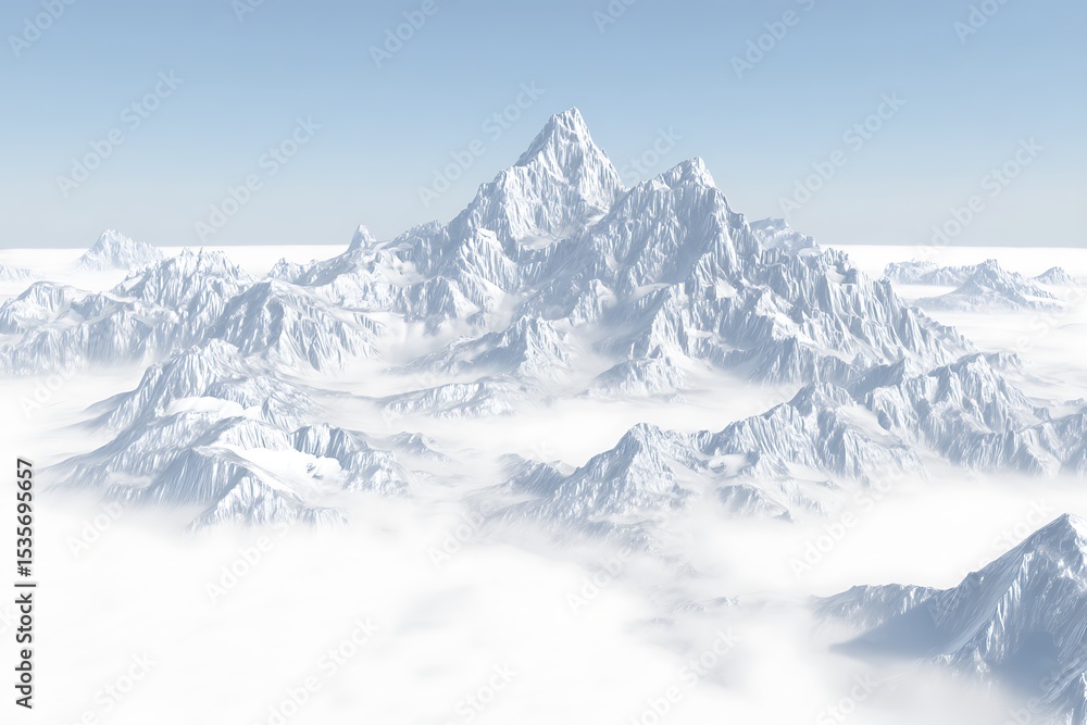 Fototapeta premium White snowy mountain range above clouds