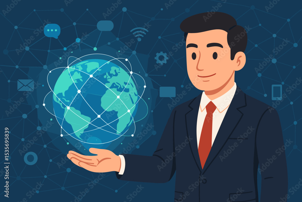 Businessman holding a floating earth globe with a digital network grid. Concept of global business, communication, internet technology, and international corporate connectivity. Businessman holding a floating earth globe with a digital network grid. Concept of global business, communication, internet technology, and international corporate connectivity.