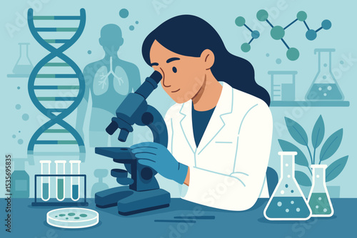 Female scientist in lab coat looks into a microscope. Genetic research laboratory concept with DNA helix, molecule structure. Biotechnology, medical science, biology vector illustration.