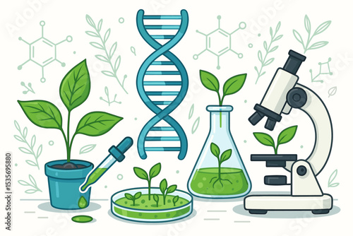 Biotechnology concept with plant science research. Genetic engineering illustration with DNA, microscope, and lab equipment. Biochemistry, botany, and agricultural technology.