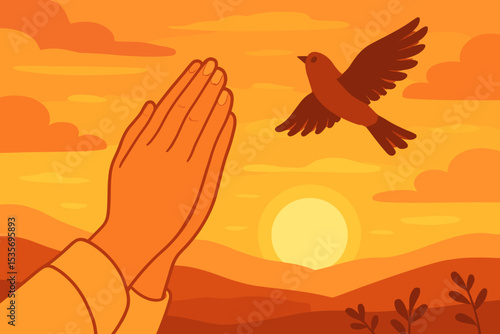 Praying hands and flying bird at sunset. Vector concept of prayer, faith, religion, hope, peace, freedom. Spiritual worship and gratitude. Soul ascending to heaven.