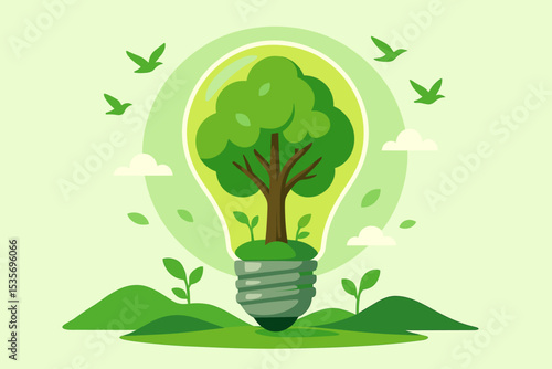 Green energy concept with a light bulb containing a growing tree. Symbol of ecology, sustainability, and renewable power. Eco friendly innovation for environmental conservation.