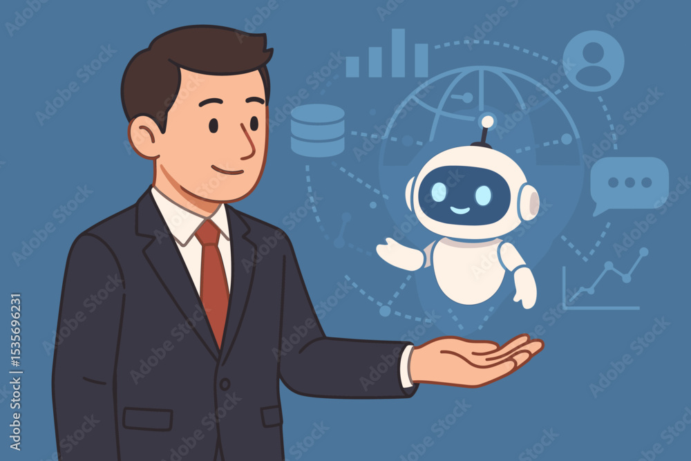 AI chatbot assistant concept. Businessman holding a robot for customer support and service. Artificial intelligence, automation, data analysis, futuristic business technology vector. AI chatbot assistant concept. Businessman holding a robot for customer support and service. Artificial intelligence, automation, data analysis, futuristic business technology vector.