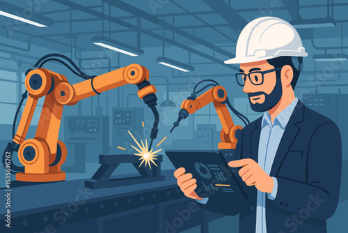 Engineer controlling robotic arms on an assembly line with a tablet. Smart factory automation concept. Industry 4.0 with AI, robotic welding and industrial manufacturing technology.