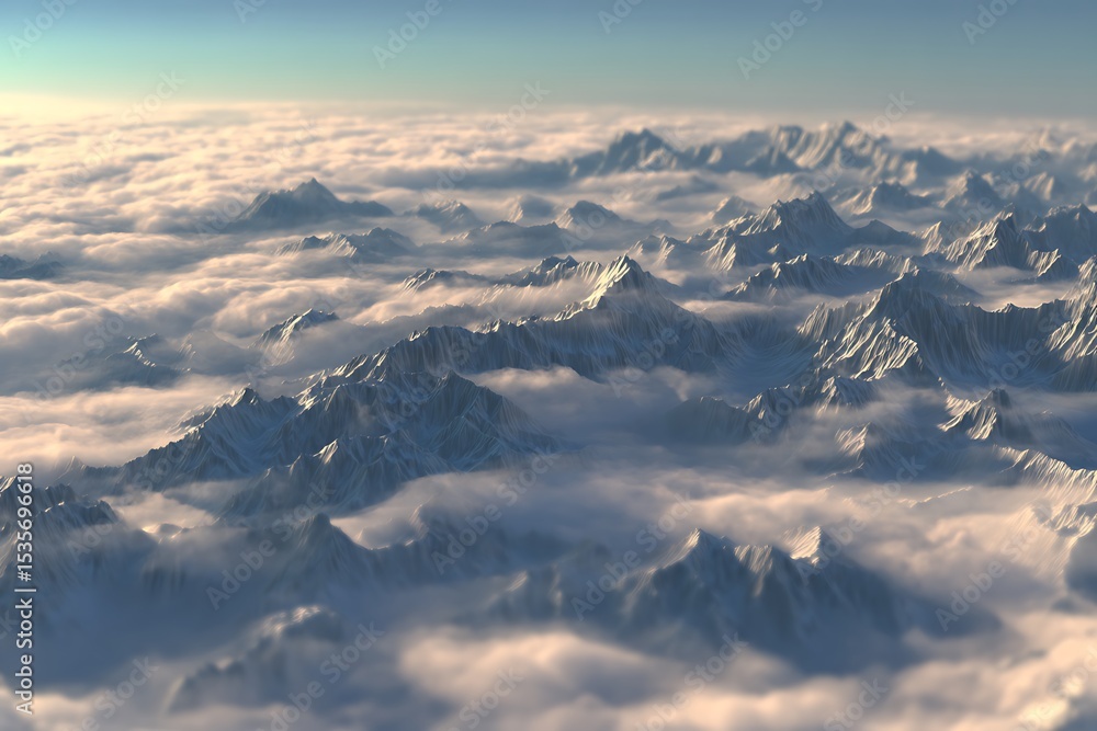 Obraz premium Mountains piercing through thick clouds aerial view