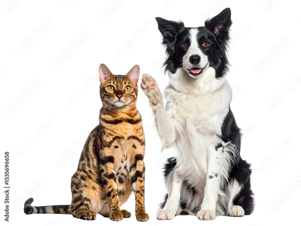Fototapeta premium Playful Border Collie and Bengal Cat Raising Paws, White Background