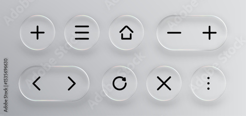 Set of liquid glass vector icons. Modern ui ux element with transparent buttons. Realistic glassmorphism style for web application design.