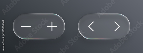 Liquid glass button with plus and minus symbols besides left and right arrows for user interface design. Vector graphics.