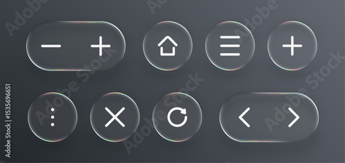 Liquid glass UI kit with various web and app icons. Minimalist user interface elements for modern design. Technology vector illustration.
