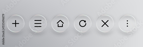 Glass vector buttons with plus symbol, menu, home, refresh, close, and ellipsis for app interface design. Web element for mobile navigation display.
