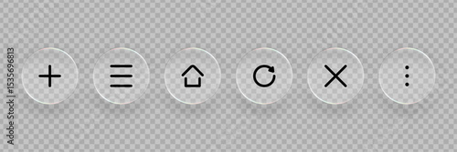 Glassmorphism computer interface buttons. Collection of liquid glass icons, transparent symbols for modern design. Vector graphics.