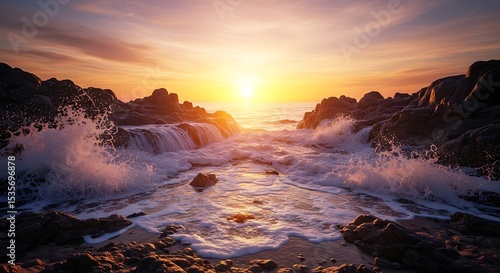 Golden Sunset Illuminates Crashing Waves and Rocky Coastline with Dramatic Light