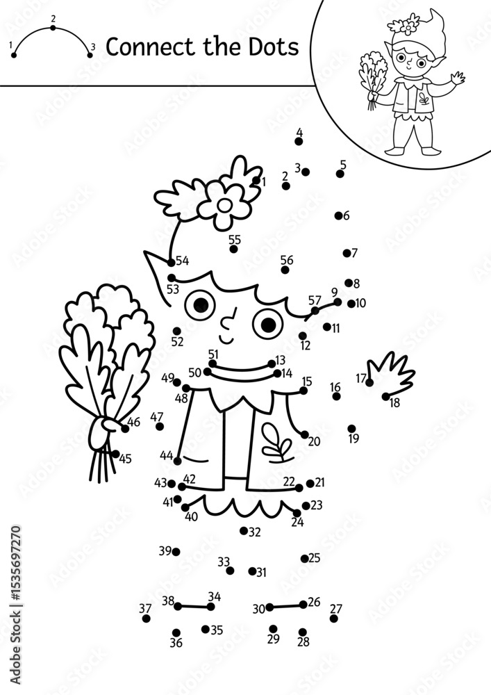 Vector black and white fairyland dot-to-dot activity with elf. Magic forest connect the dots game, coloring page. Fairytale printable worksheet with cute dwarf boy or leprechaun Vector black and white fairyland dot-to-dot activity with elf. Magic forest connect the dots game, coloring page. Fairytale printable worksheet with cute dwarf boy or leprechaun