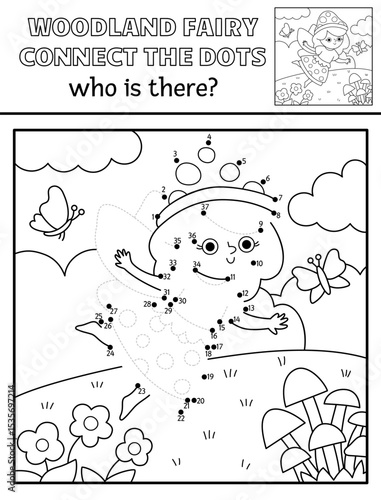 Vector black and white fairyland dot-to-dot activity with mushroom fairy, line nature scene. Magic forest connect the dots game, coloring page. Who is missing printable worksheet