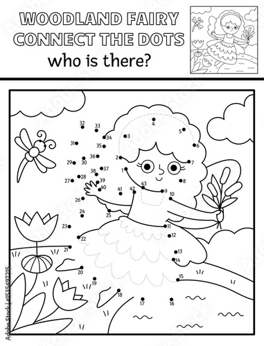 Vector black and white fairyland dot-to-dot activity with swamp fairy, line nature scene. Magic forest or garden connect the dots game, coloring page. Who is missing printable worksheet with cute girl