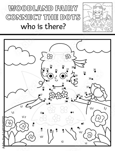 Vector black and white fairyland dot-to-dot activity with flower fairy, line nature scene. Magic forest connect the dots game, coloring page. Who is missing printable worksheet with girl