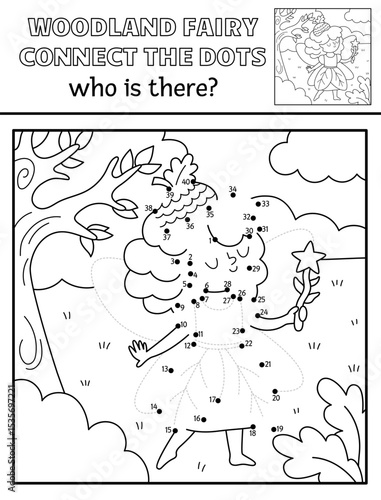 Vector black and white fairyland dot-to-dot activity with acorn fairy, line nature scene. Magic forest connect the dots game, coloring page. Who is missing printable worksheet with cute girl
