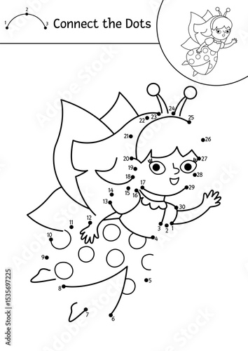 Vector black and white fairyland dot-to-dot activity with fairy bug. Magic forest connect the dots game, coloring page. Fairytale printable worksheet with cute ladybug girl with wings