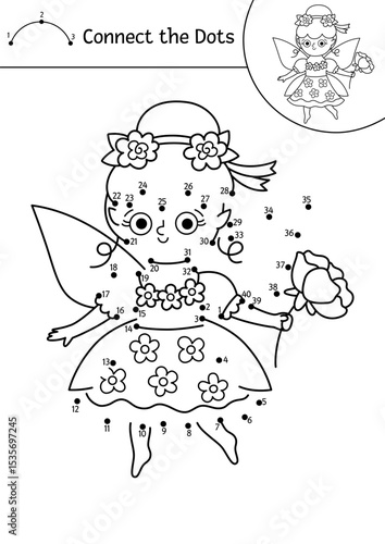 Vector black and white fairyland dot-to-dot activity with flower fairy. Magic forest connect the dots game, coloring page. Fairytale printable worksheet with cute girl with wings