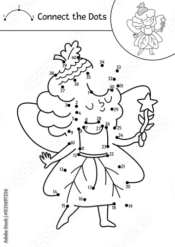Vector black and white fairyland dot-to-dot activity with acorn fairy. Magic forest connect the dots game, coloring page. Fairytale printable worksheet with cute girl with wings and wand