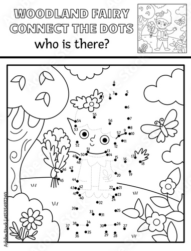 Vector black and white fairyland dot-to-dot activity with elf, line nature scene. Magic forest fairy connect the dots game, coloring page. Who is missing printable worksheet with cute boy
