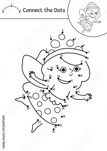 Vector black and white fairyland dot-to-dot activity with mushroom fairy. Magic forest connect the dots game, coloring page. Fairytale printable worksheet with cute girl with wings