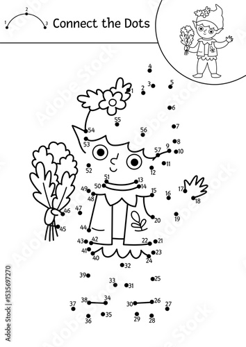 Vector black and white fairyland dot-to-dot activity with elf. Magic forest connect the dots game, coloring page. Fairytale printable worksheet with cute dwarf boy or leprechaun