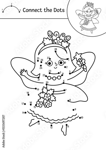 Vector black and white fairyland dot-to-dot activity with berry fairy. Magic forest connect the dots game, coloring page. Fairytale printable worksheet with cute strawberry girl with wings