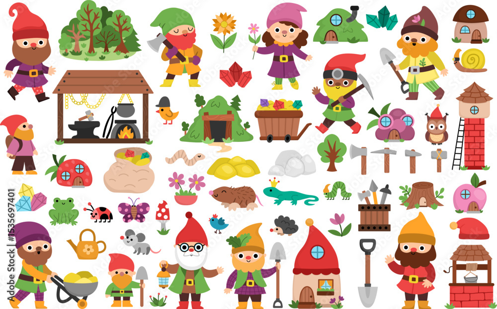 Vector dwarf clipart set. Cute gnome icons collection. Fairytale character illustrations. Magic creature pack with garden, mining, blacksmith elves, treasure, mine pit, houses, and fantasy animals Vector dwarf clipart set. Cute gnome icons collection. Fairytale character illustrations. Magic creature pack with garden, mining, blacksmith elves, treasure, mine pit, houses, and fantasy animals