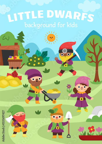 Vector vertical scene with dwarfs. Forest gnomes landscape illustration. Cute background or story book cover for kids with adorable magic creatures. Funny fairytale scene with mine pit, elves