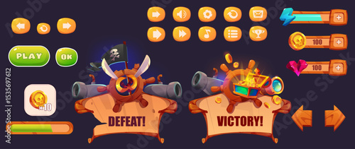 Pirate adventure game user interface set, wooden interface menu background.Vector cartoon, set of buttons, signs, victory and defeat icon. Pirate game collection isolated on background.