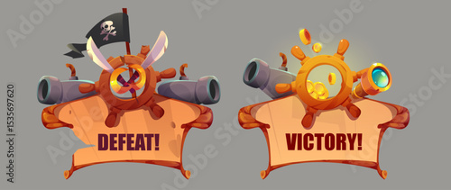 Pirate adventure game user interface set, victory and defeat icon. Vector cartoon. Menu collection, isolated on background.
