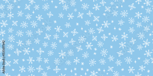 Christmas kindergarten seamless pattern of quirky white snowflakes. Blue blackboard style with wax and charcoal squiggle texture for Xmas wrapping, prints and decorations. Vector card illustration