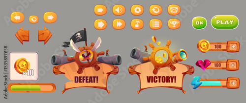 Pirate adventure game user interface set, wooden interface menu background.Vector cartoon, set of buttons, signs, victory and defeat icon. Pirate game collection isolated on background.