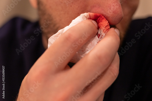 man applies tissue to nose to stop bleeding. nosebleed