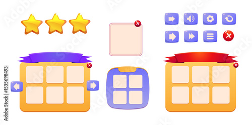 Game interface set, icons, buttons, navigation. Vector cartoon. Game interface menu set. Empty sign, level up board.