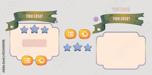 Game interface set, lose defeat icon. Vector cartoon. Game interface menu set, button set, victory and defeat icon. Blank sign with wooden frame, level up board.