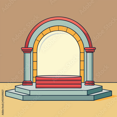 Cartoon illustration of a stage with an archway and columns suitable for presentations product displays or theatrical performances with a retro color scheme