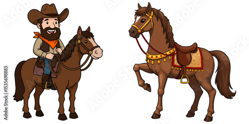 Cartoon Cowboy on Horse and Saddled Horse Vector Set