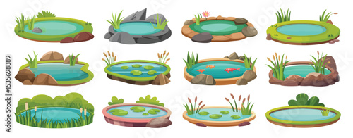 Twelve colorful cartoon illustrations of garden ponds