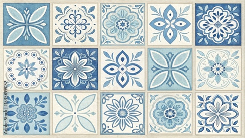 Blue and White Tile Pattern 15 Square Floral Design Composition, Watercolor Effect, Ceramic Tile Concept Tile Design, Watercolor Pattern