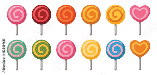 Twelve swirl lollipops and two heart lollipops