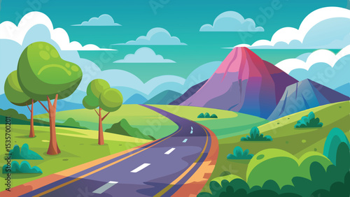 Cartoon landscape illustration featuring winding road, verdant trees, mountain peaks and cloudy blue sky