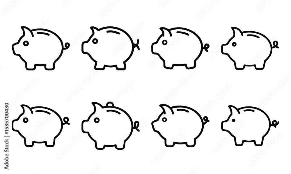 Set of Minimalist Silhouette Icons Featuring Piggy Banks in Various Styles, Simple Black Line Art Design on White Background Representing Savings, Money Management, Wealth, Financial Planning, and Ban Set of Minimalist Silhouette Icons Featuring Piggy Banks in Various Styles, Simple Black Line Art Design on White Background Representing Savings, Money Management, Wealth, Financial Planning, and Ban