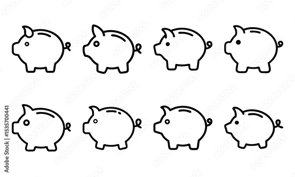 Set of Minimalist Silhouette Icons Featuring Piggy Banks in Various Styles, Simple Black Line Art Design on White Background Representing Savings, Money Management, Wealth, Financial Planning, and Ban Set of Minimalist Silhouette Icons Featuring Piggy Banks in Various Styles, Simple Black Line Art Design on White Background Representing Savings, Money Management, Wealth, Financial Planning, and Ban