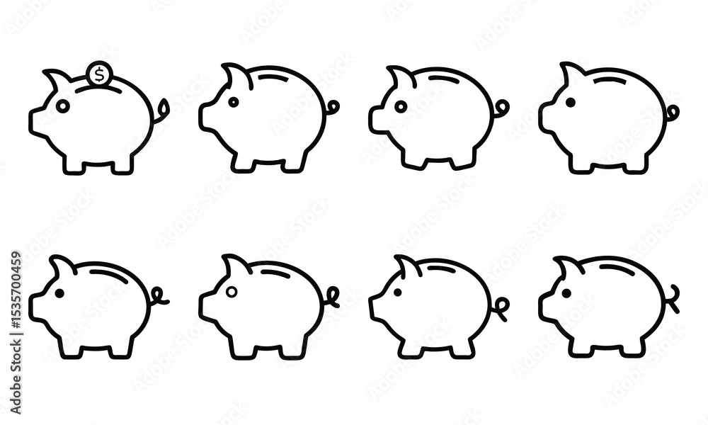 Fototapeta premium Set of Minimalist Silhouette Icons Featuring Piggy Banks in Various Styles, Simple Black Line Art Design on White Background Representing Savings, Money Management, Wealth, Financial Planning, and Ban