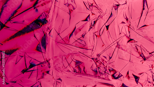 Creased film. Distortion texture. Magenta pink blue color gradient distressed noise artifacts curve square shape holographic pattern abstract background.