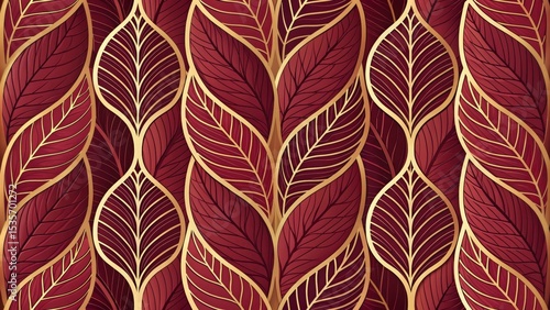 Crimson and Gold Leaf Pattern Seamless Design, Digital Illustration, Botanical Concept Leaf pattern, Botanical illustration